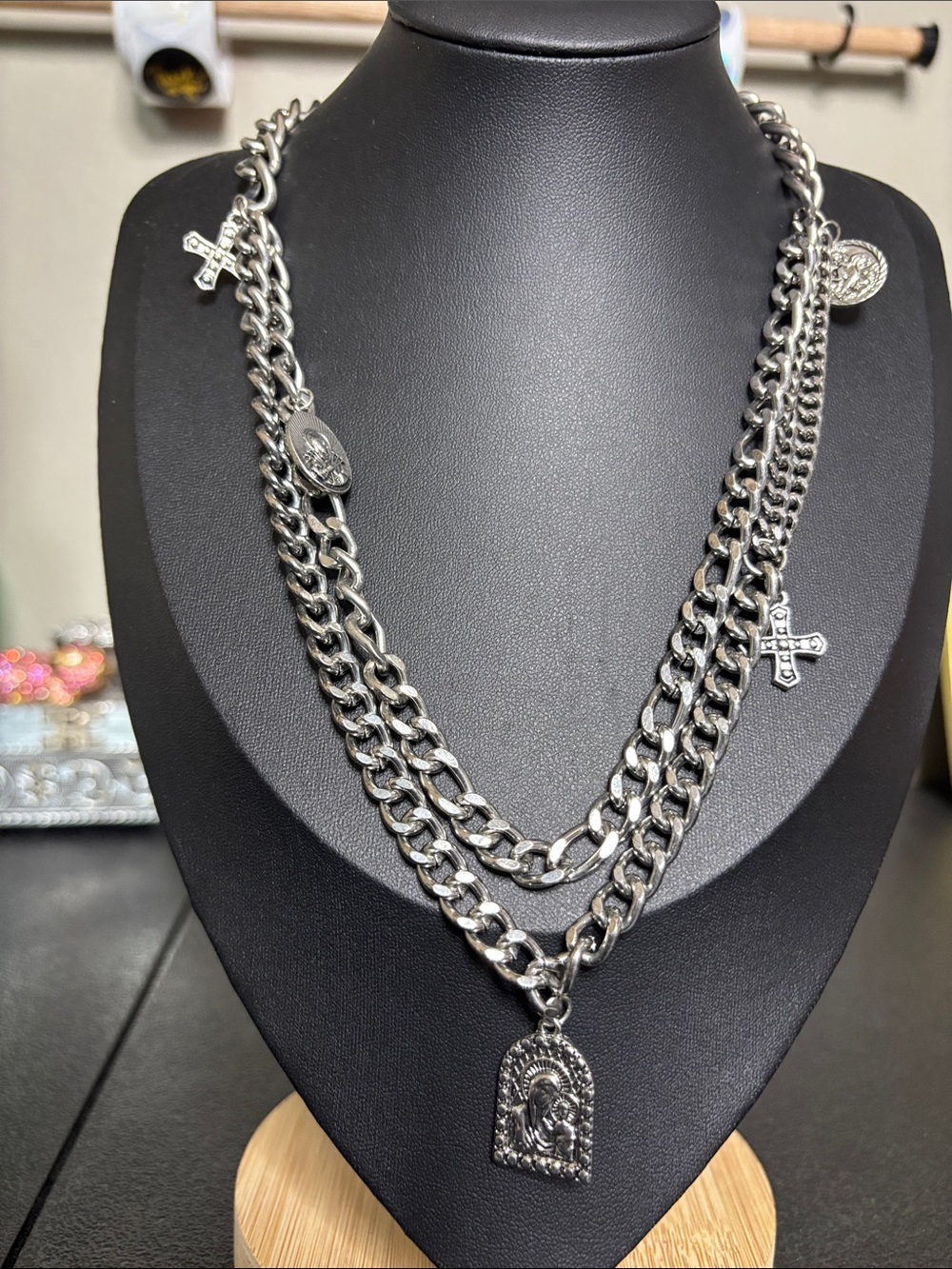 Religious Silver Multi-Chain Religious Pendant Charm Statement Necklace Cross